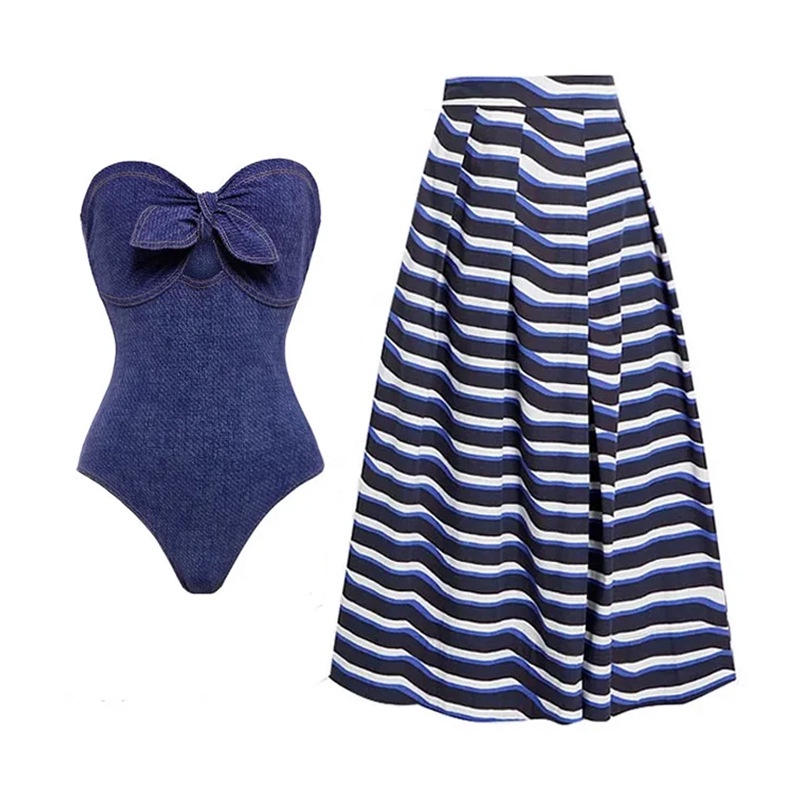 Conjunto de maiô com saia com bojo feminino moda sexy festa roupa saida de praia azul