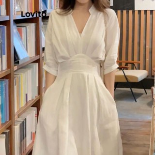 Lovito Vestido Midi Casual Elegante de Manga Curta com Decote em V para Mulheres LNE09091 (Branco)