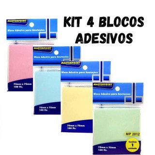 Kit 4 Bloco Adesivo com 100 Folhas Cada Rosa Azul Verde Amarelo Para Recado e Anotações M…