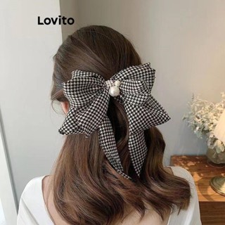 Lovito Grampos De Cabelo Com Pérolas De Arco Houndstooth Casuais Para Mulheres LFA08149 (Preto E Branco)