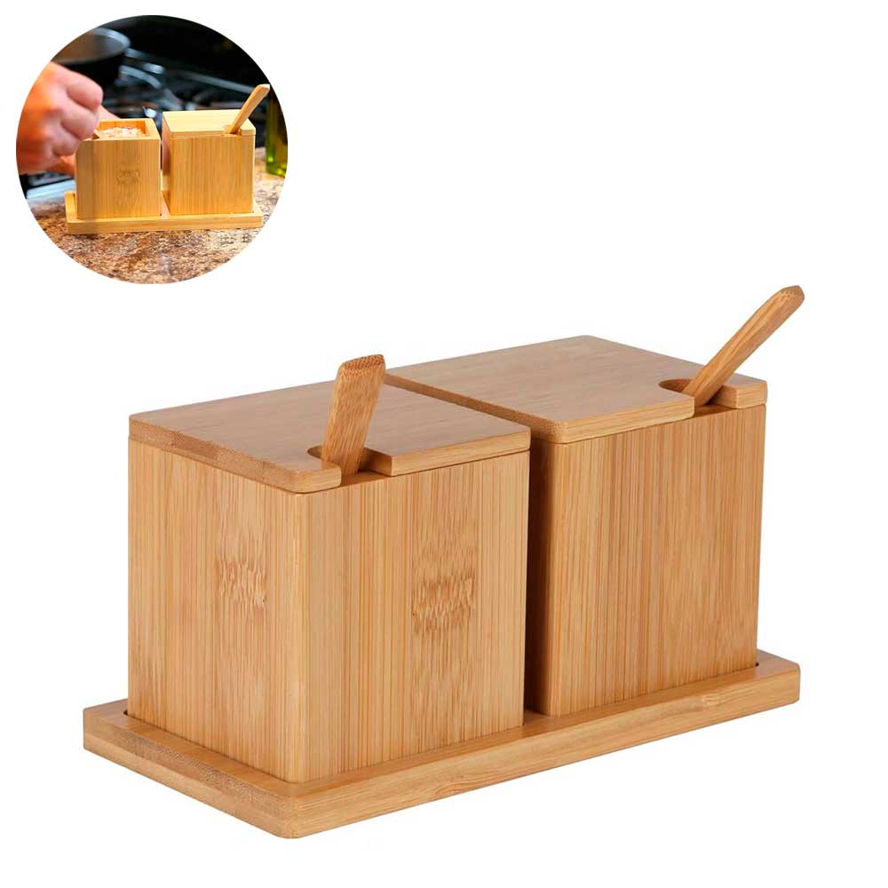 Jogo Porta condimento duplo bambu com colher tampa bandeja pote armazenar tempero sal pimenta açúcar chá grãos especiarias moídas suporte madeira bamboo