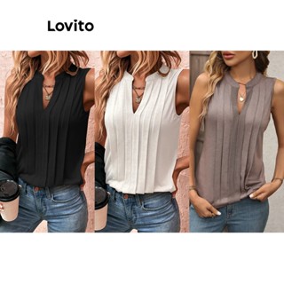 Lovito Regata Casual Plissada Lisa Para Mulheres LNL35023 (Cáqui/Branco/Preto)