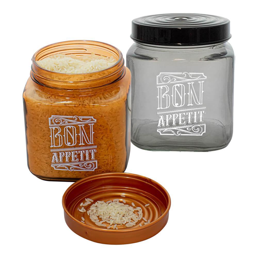 Conjunto de Potes de Vidro com Tampa Bon Appetit Preto e Bronze 1L 2 peças - Casambiente