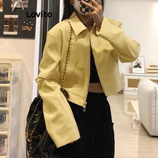 Lovito Jaqueta Casual Com Bolso Com Zíper Liso Para Mulheres LNE33072 (Cáqui)