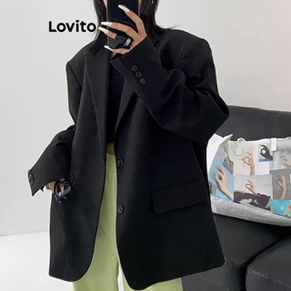 Lovito Blazer Casual De Botão Liso Para Mulheres LNA37125 (Preto)