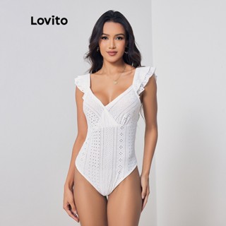 Lovito Elegante Macacão Feminino Simples com Babado LBL07159