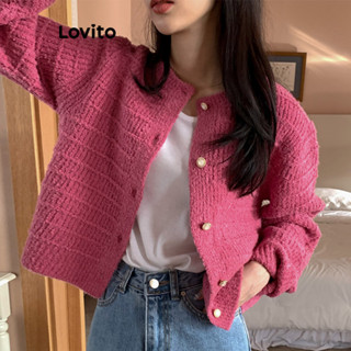 Lovito Cardigã Casual com Botões Frontais e Detalhes em Metal para Mulheres LNE36311 (Caqui/Rosa/Off White)