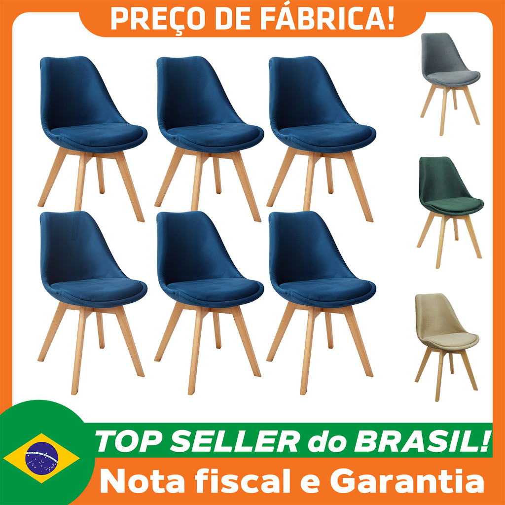 Kit 6 Cadeiras Charles Eames Leda Veludo Luisa Saarinen Estofada Base Madeira