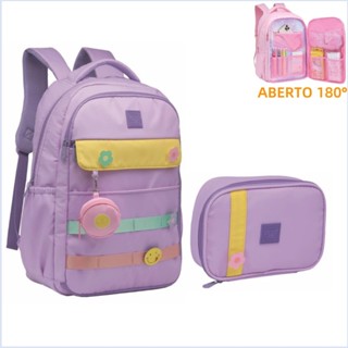 Kit Mochila Feminina Juvenil Escolar Com Estojo E Chaveiro Abertura 180° em Oferta na Shopee