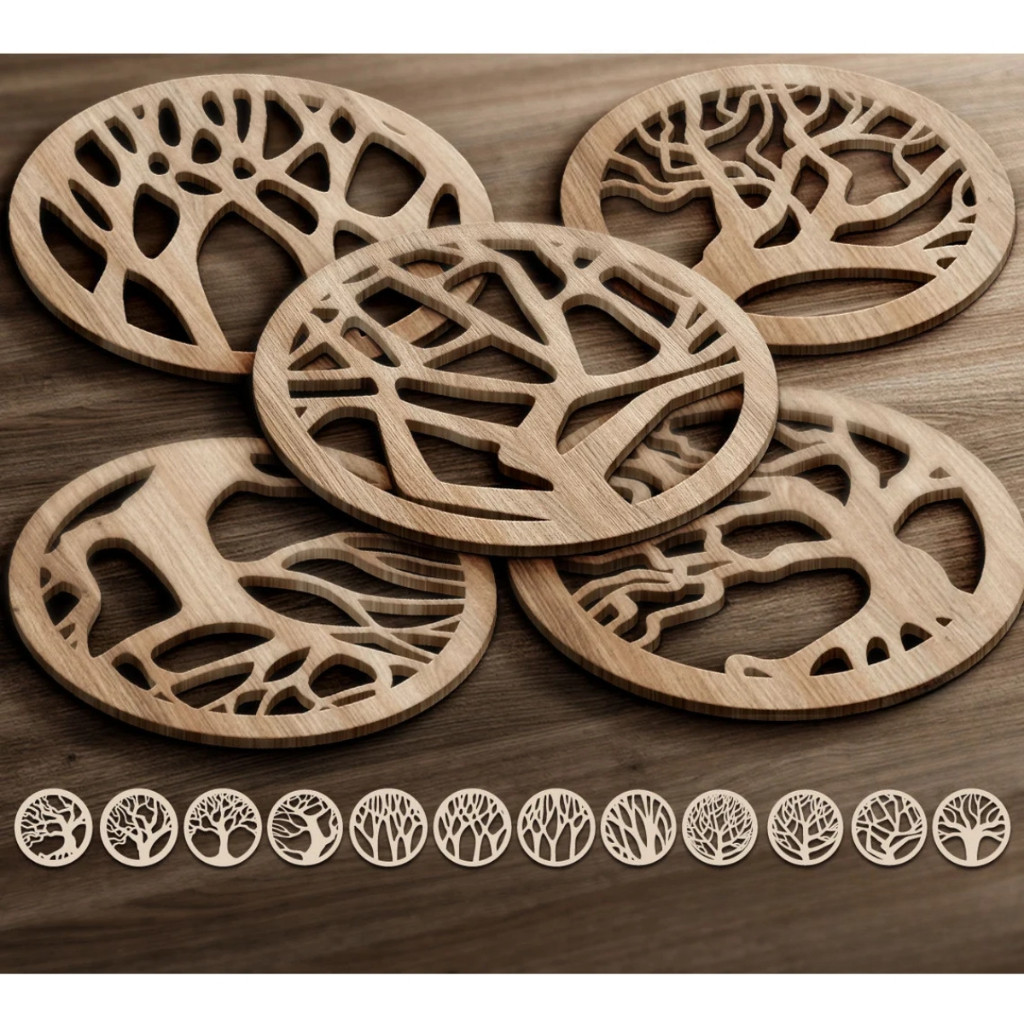 Kit 12 Variadas Placas Decorativas de Parede Mandala Árvores em MDF Cru ou Preto de 3mm 20cm de diâmetro