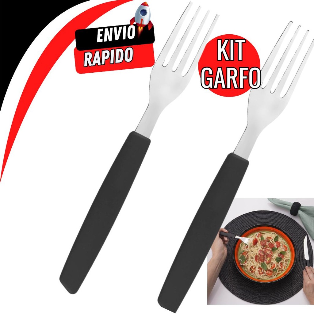 Jogo de Garfo Kit 6 12 18 24 peças Cabo de Plástico Cabo Preto Aço Inox Facas e Garfos de Mesa Casa Para Cozinha