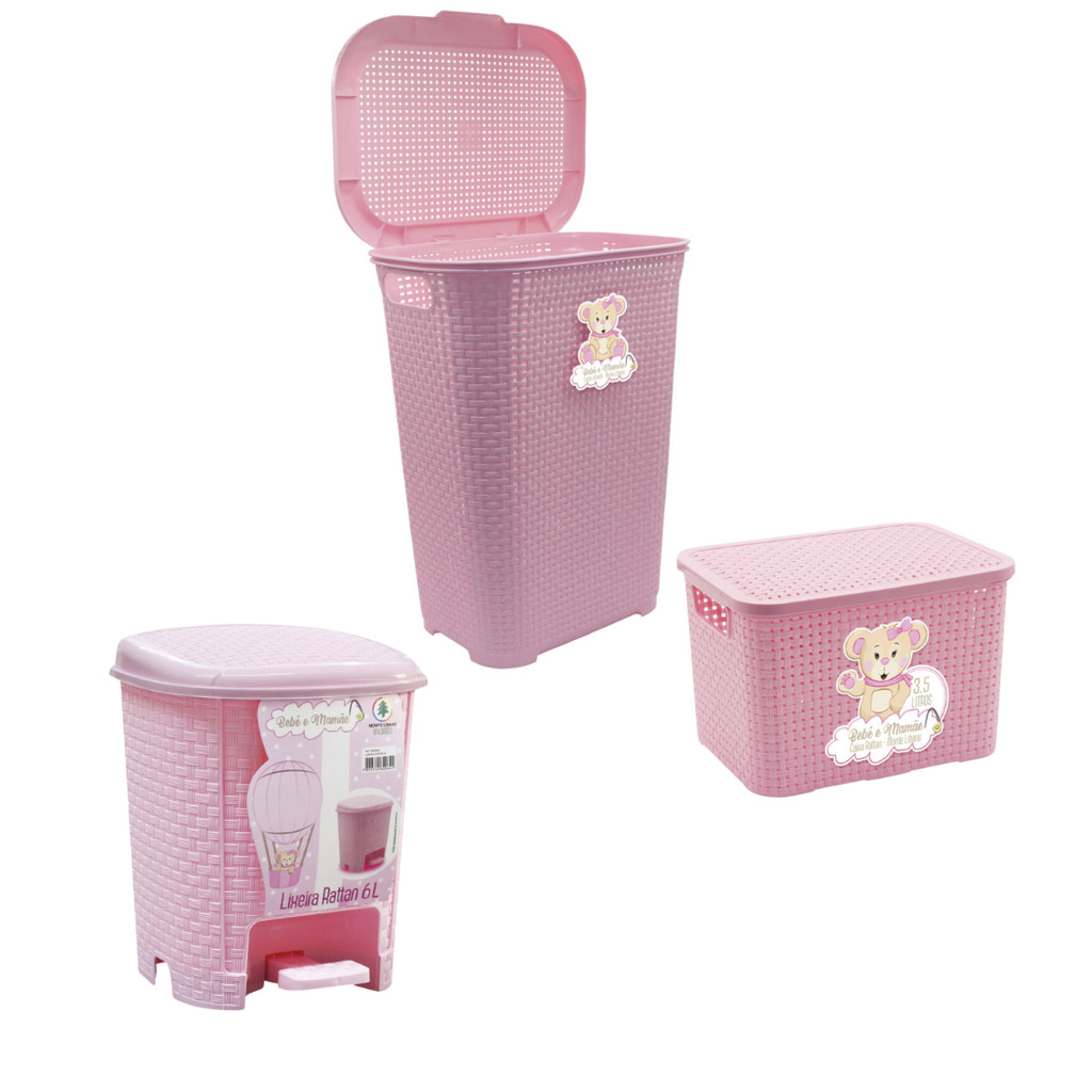 Kit Infantil Cesto 30L, Caixa 7L, Lixeira 6L Rosa em Oferta na Shopee