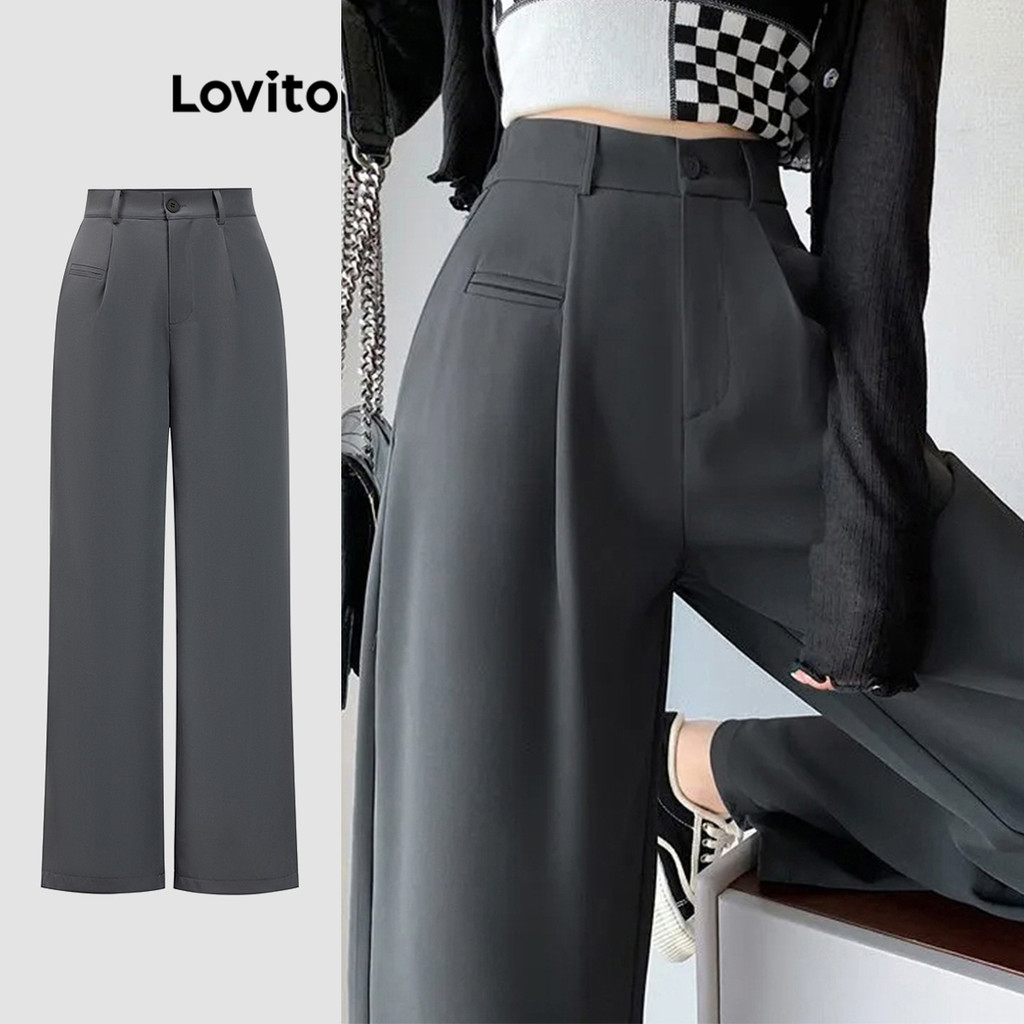 Lovito Calça Casual Calça Plissada Lisa Para Mulheres L91AD124