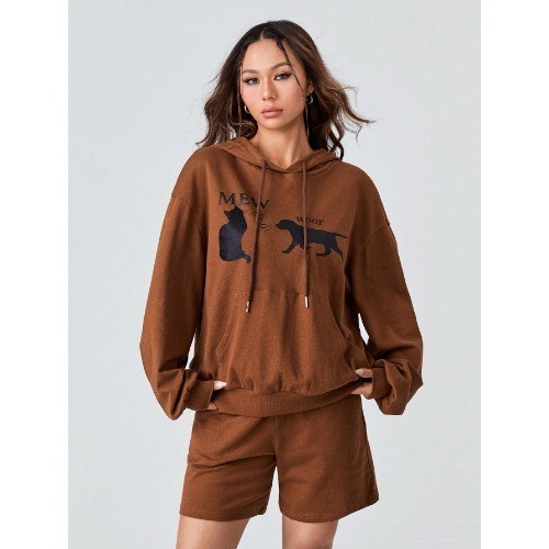 Conjunto Feminino "meaw Wooff" Animal Lover Blusa E Shorts Em Moletom Moda 2025
