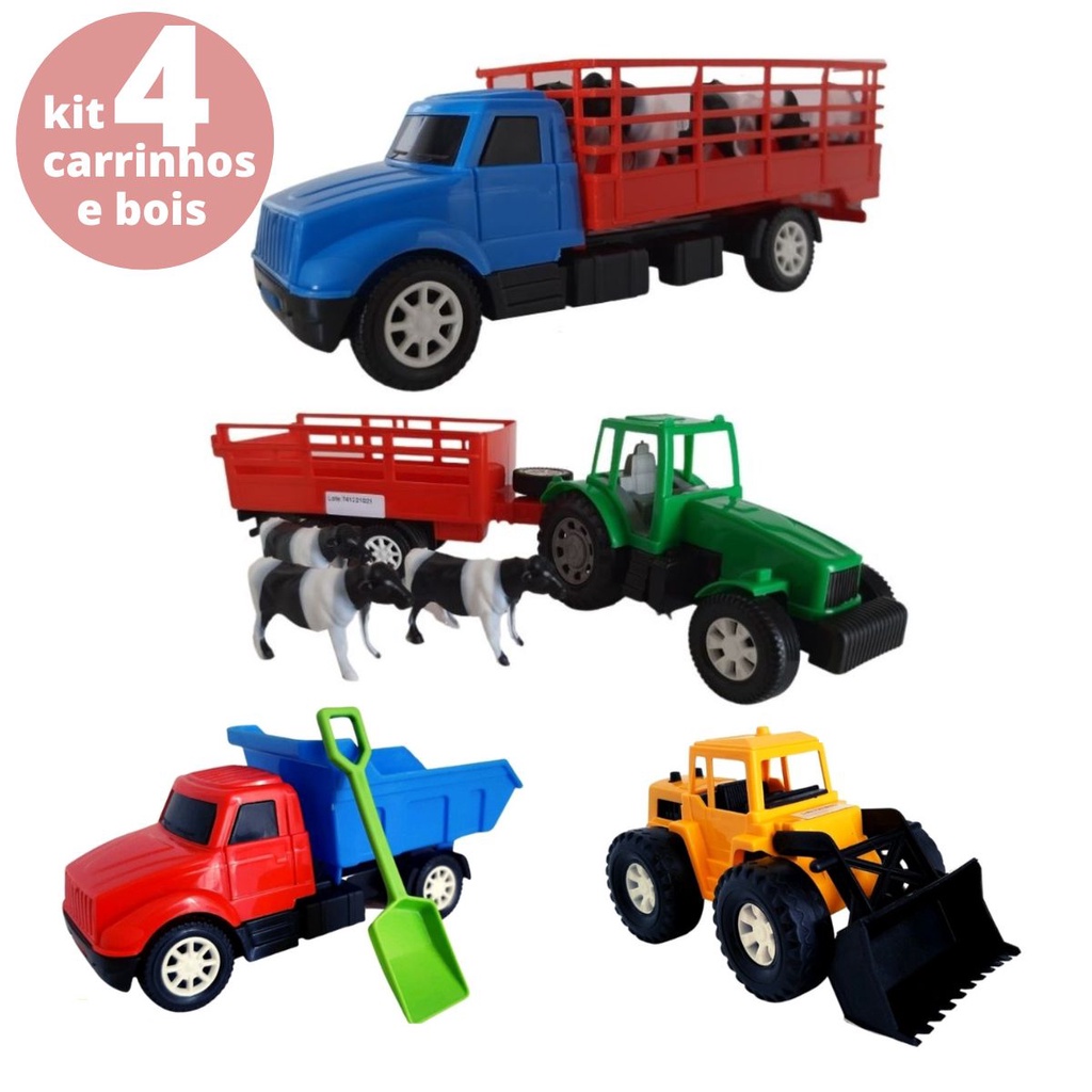 4 VEICULOS DE BRINQUEDO: CAMINHÃO E TRATOR COM BOIS, BASCULANTE E TRATOR PÁ CARREGADEIRA DIVERPLAS