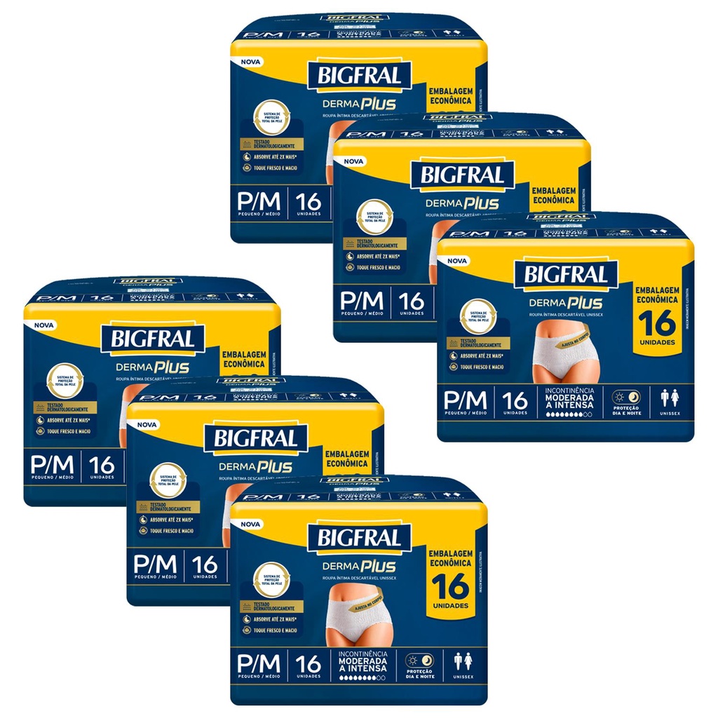 Kit 6 Roupas Íntima Bigfral Pants Derma Plus P/M com 16un cada em Oferta na Shopee