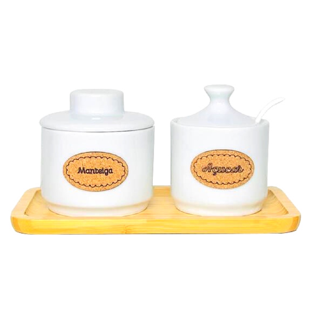 Kit Açucareiro e Manteigueira Francesa Porcelana Branca 1° Linha com Base Bambu