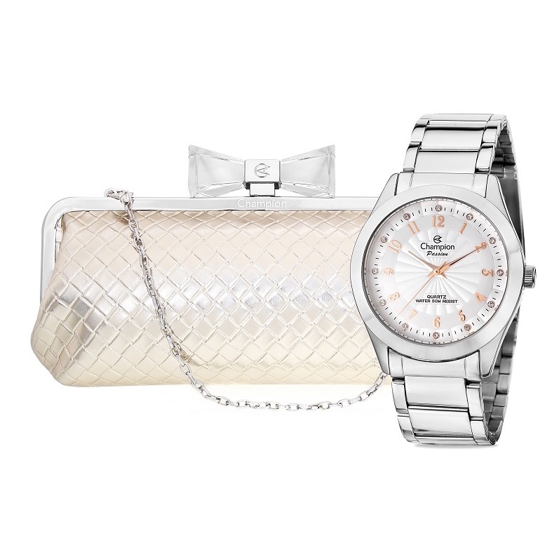 Relógio Champion Feminino Analógico Prata Rosé + Bolsa Clutch Original À Prova D'Água CN29410A