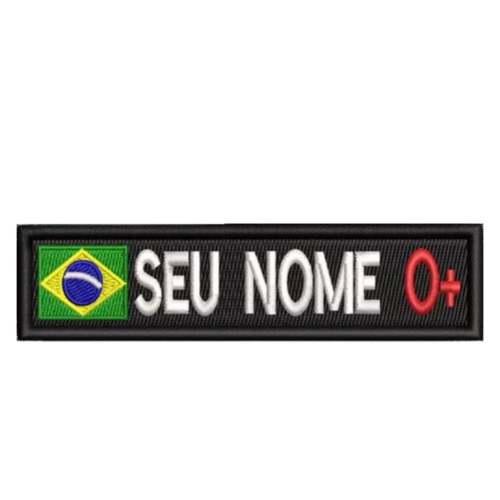 Tarja de Identificação COM Bandeira, Nome e Tipo Sanguíneo Bordado Tag com 10x2,5cm Fecho de Contato