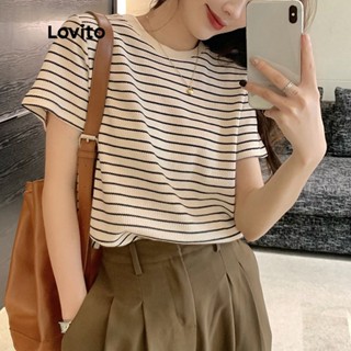 Lovito Camiseta Casual Listrada de Gola Redonda e Mangas Curtas para Mulheres LNE06157 (Branco Off-White)