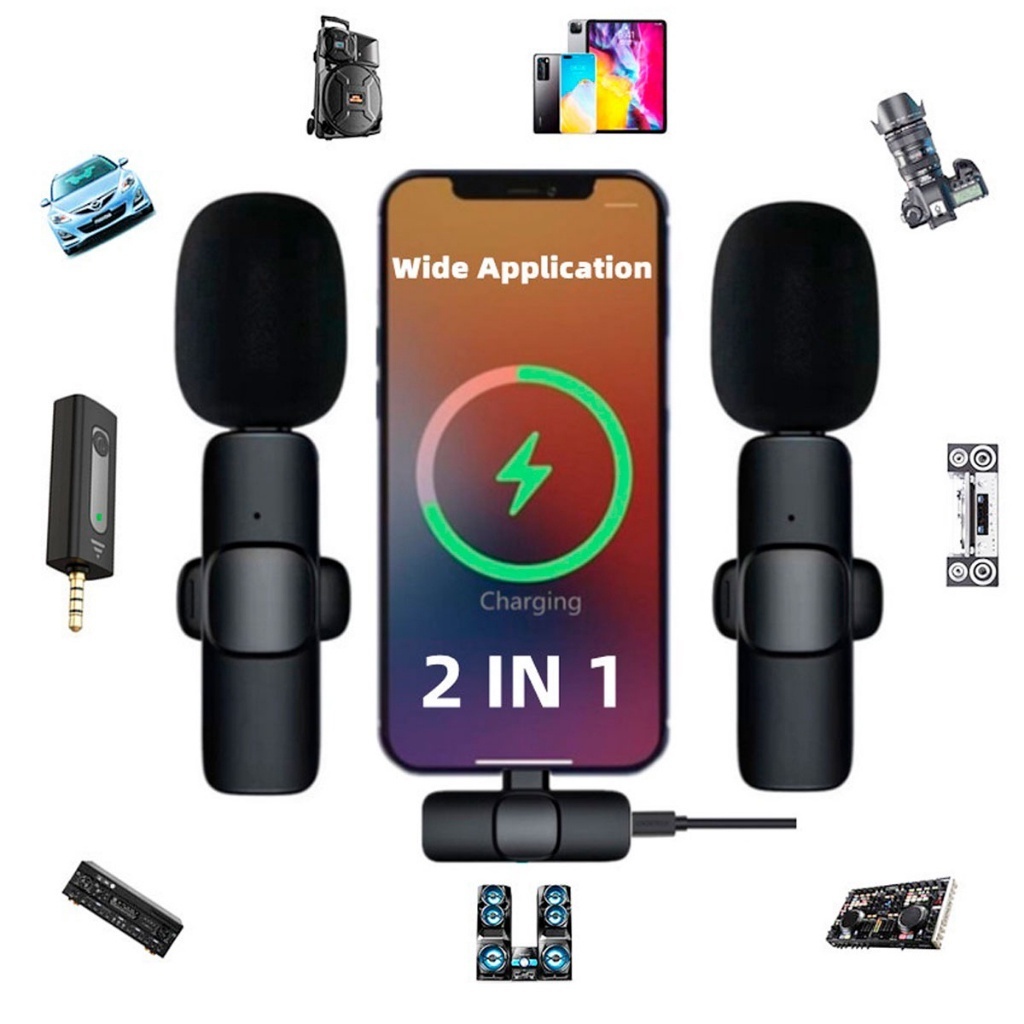 Microfone Lapela Para Celular 2 em 1 Wireless Sem Fio Compatível IOS