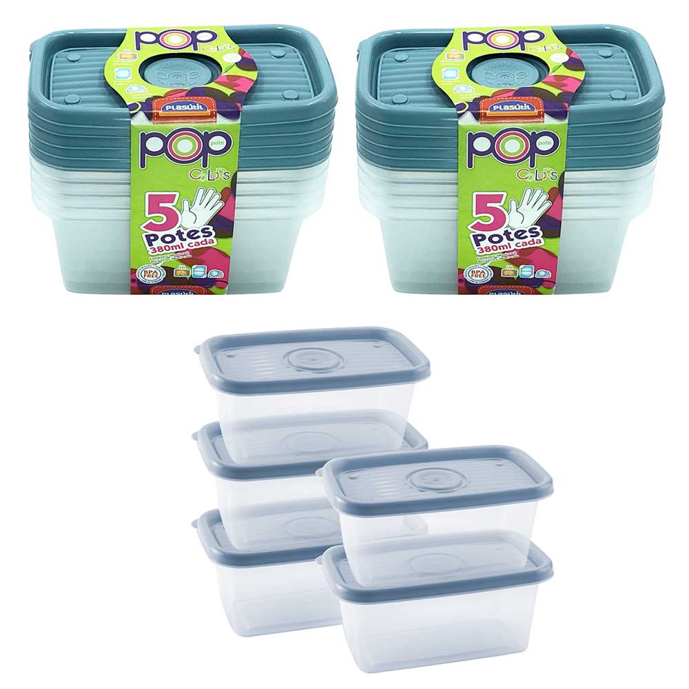 Jogo com 10 potes 380ml plástico azul para mantimentos alimentos comida salada papinha frutas vasilha marmita tapoer tapuer tapauer geladeira freezer microondas Plasútil