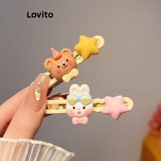 Lovito Fofo Presilha de Cabelo Feminina com Estampa de Desenho Animado de Urso e Coelho Cor Creme LFA09567