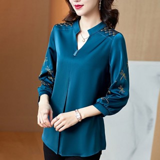 Casual Plus Size Loose Slim V Neck Bordado Blusa de Camisas Femininas de Manga Longa