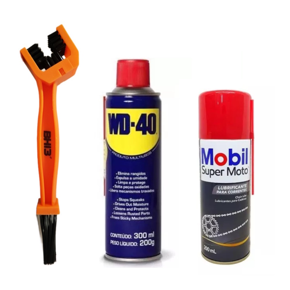 KIT LIMPEZA CORRENTE WD-40 + MOBIL CHAIN + ESCOVA