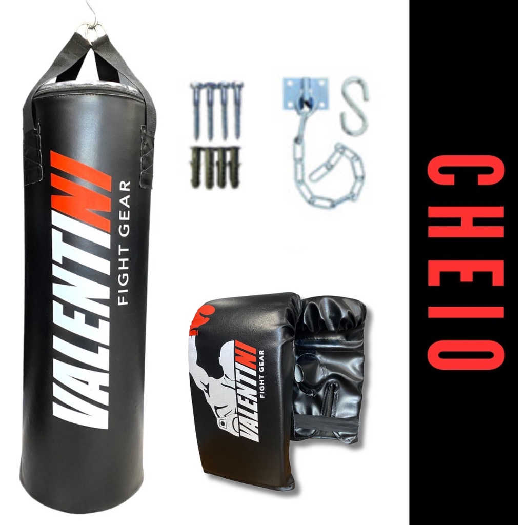 Saco de Pancada VALENTINI 90 cm CHEIO - Treino Boxe Muay Thai  + 1 PAR DE LUVA BATE SACO+ SUPORTE DE TETO