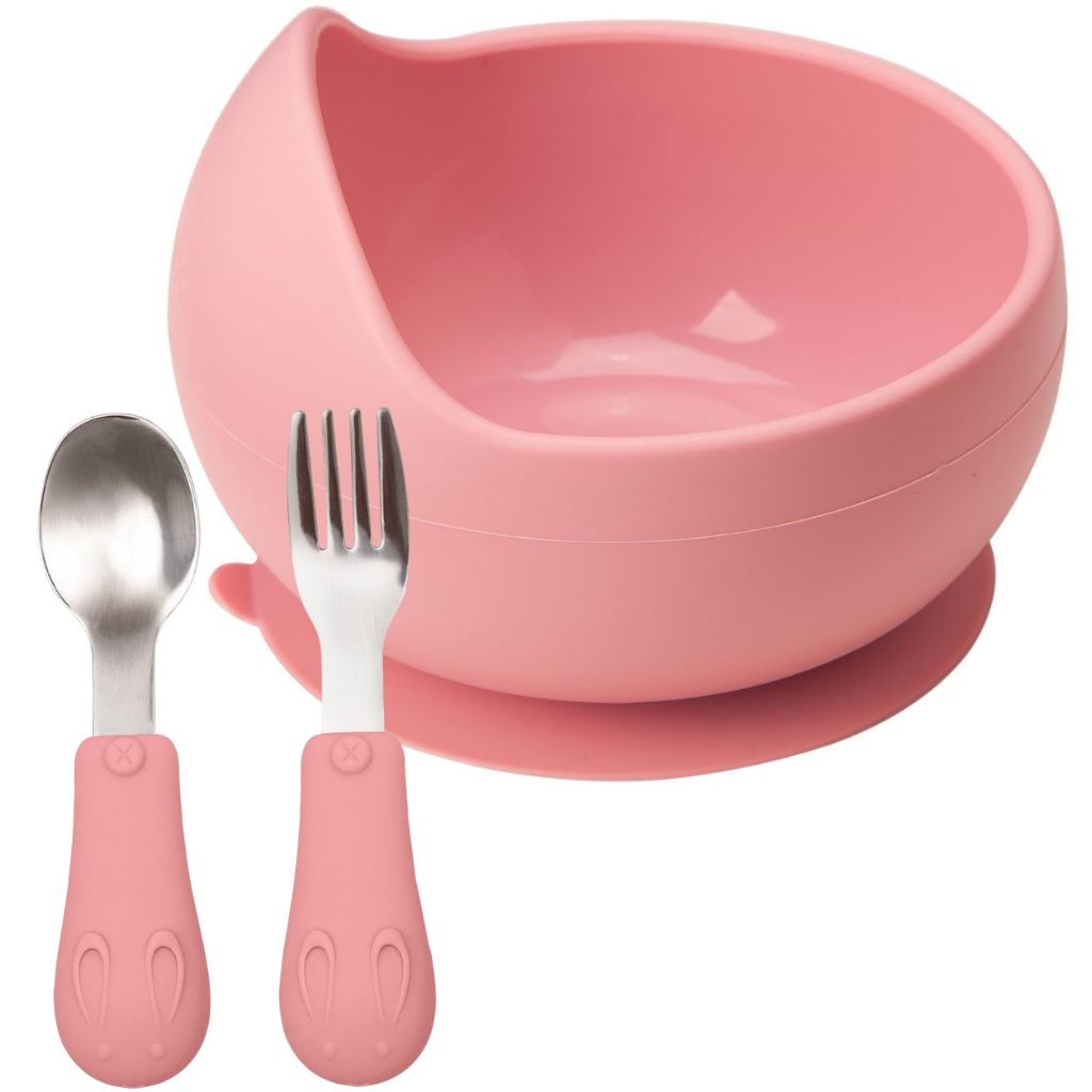 Conjunto Bowl Com Ventosa E Talheres Em Silicone E Inox Rosa Papinha BLW Bebê Buba em Oferta na Shopee
