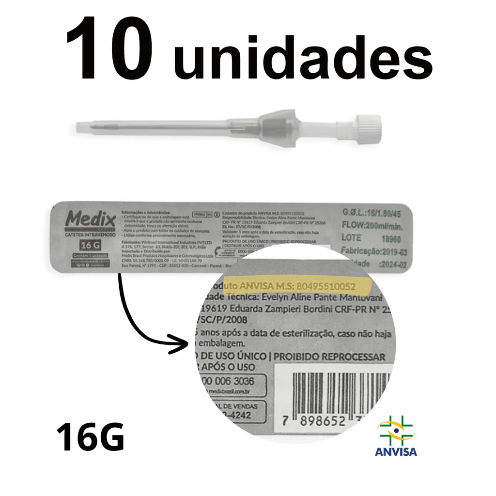 Kit 10 cateter numero 16 Body piercing intravenoso jelco periférico