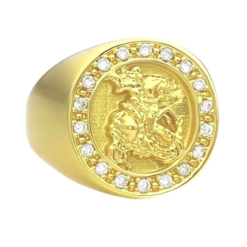 Anel De Ouro Masculino Dedeira São Jorge Cravejado Banhado