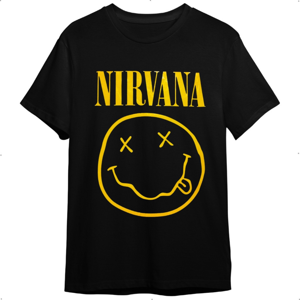 Camiseta Nirvana Sorriso Amarelo Smile Preta De Banda Rock Masculina E Feminina (Unissex) 100% Algodão ENVIO IMEDIATO em Oferta na Shopee