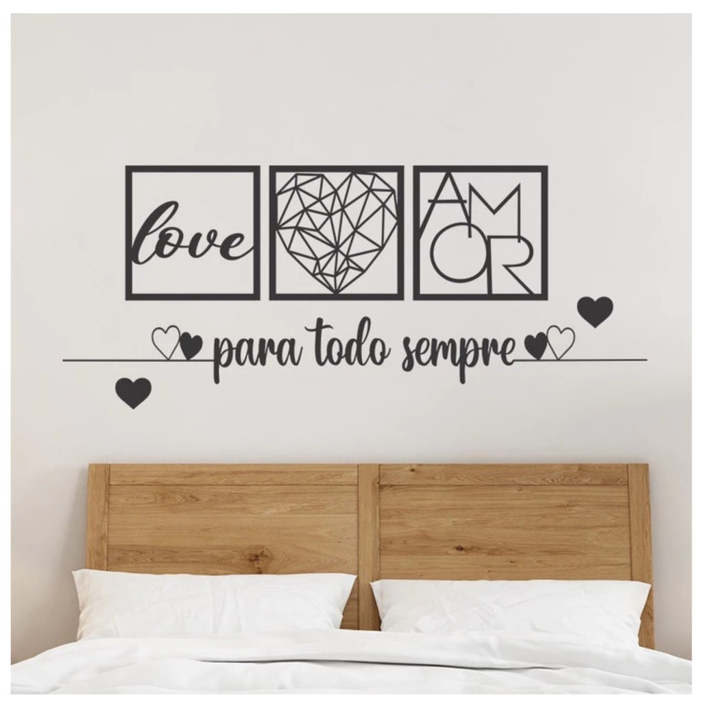 KIT 3 Quadros Para todo Sempre, Love e Coração Geométrico Amor + 2 Mini Apliques de Coração Frase de Parede MDF PRETO
