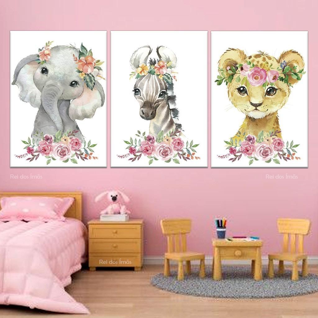 Kit 3 Placas Decorativas em MDF 20x30cada Tema Safari para Quarto Infantil/Bebê Menina Flores