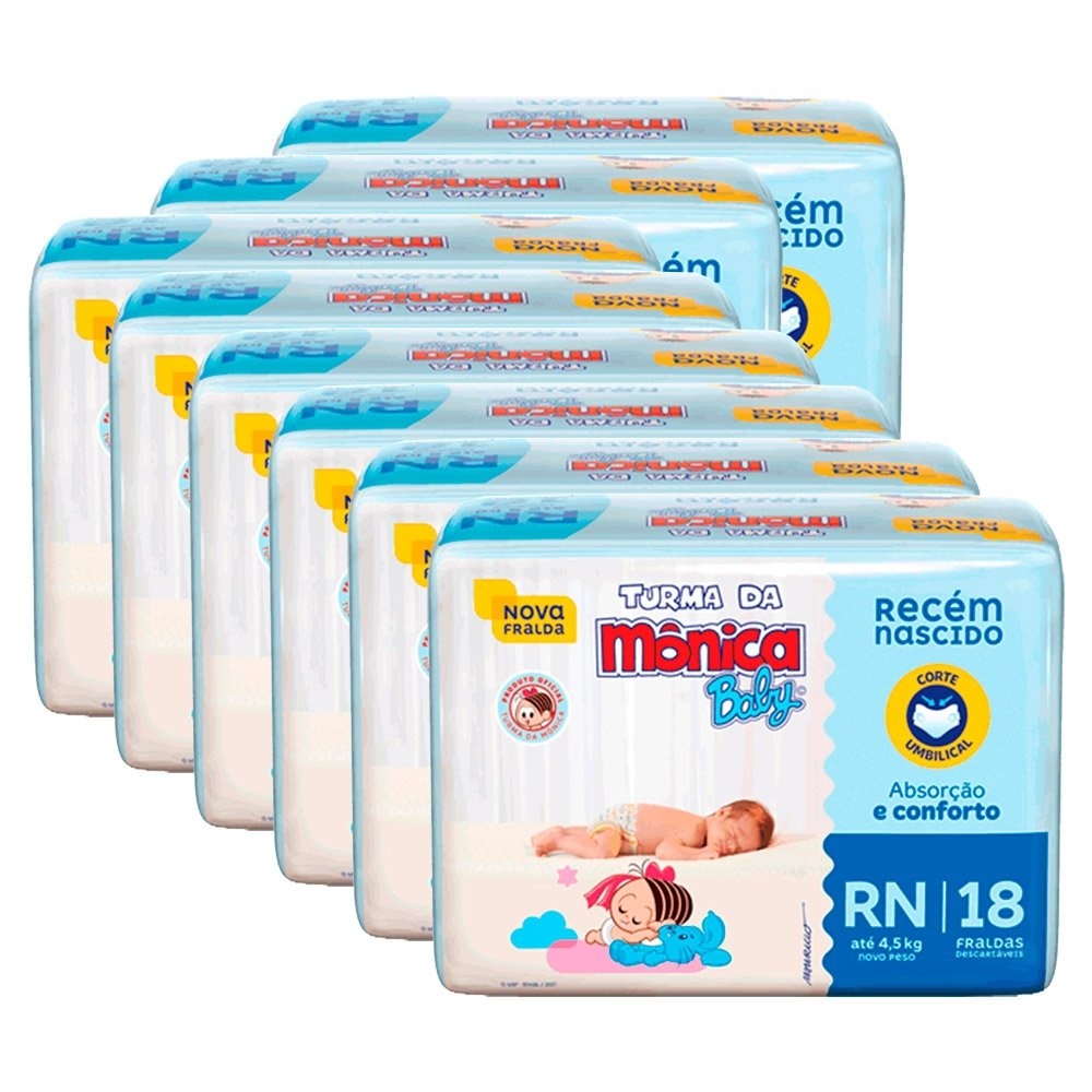 Fralda Descartável Turma da Mônica Jumbinho Tamanho RN - 8 Pacotes com 18 Fraldas - Total 144 Tiras em Oferta na Shopee