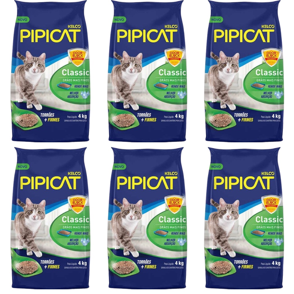 Kit 6 Areias Sanitárias Para Gatos Kelco Pipicat Classic 4kg