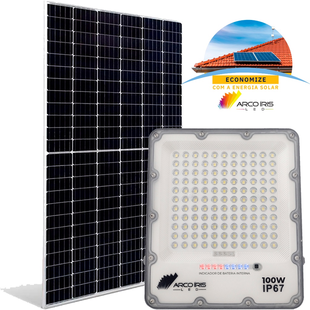 Refletor Holofote De Luz Led 50w, 100w, 200w, 300w, 400w + Painel Solar Led Ip67 Com Controle