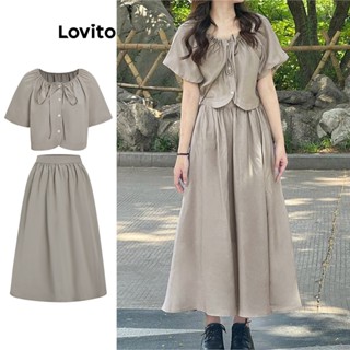 Lovito Casual Conjunto Feminino Liso Amarrado com Saia de Botão L67AD132 (Verde Escuro)