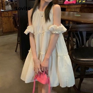 Lovito Vestido com Camadas e Babado em Cascata de Renda para Mulheres LNA17187 (Branco)