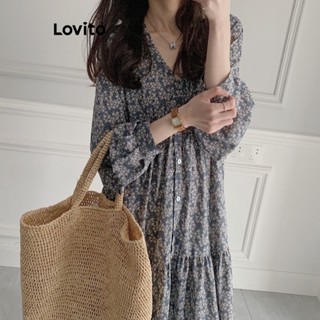 Lovito Vestido com Amarração e Estampa Floral para Mulheres LNA19115 (Azul)