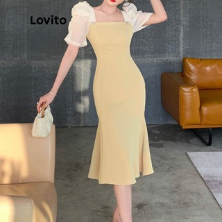 Lovito Casual Vestido Feminino Liso Colorblock Midi Sereia de Manga Curta Bufante com Decote Quadrado LNE11181 (Amarelo Claro)