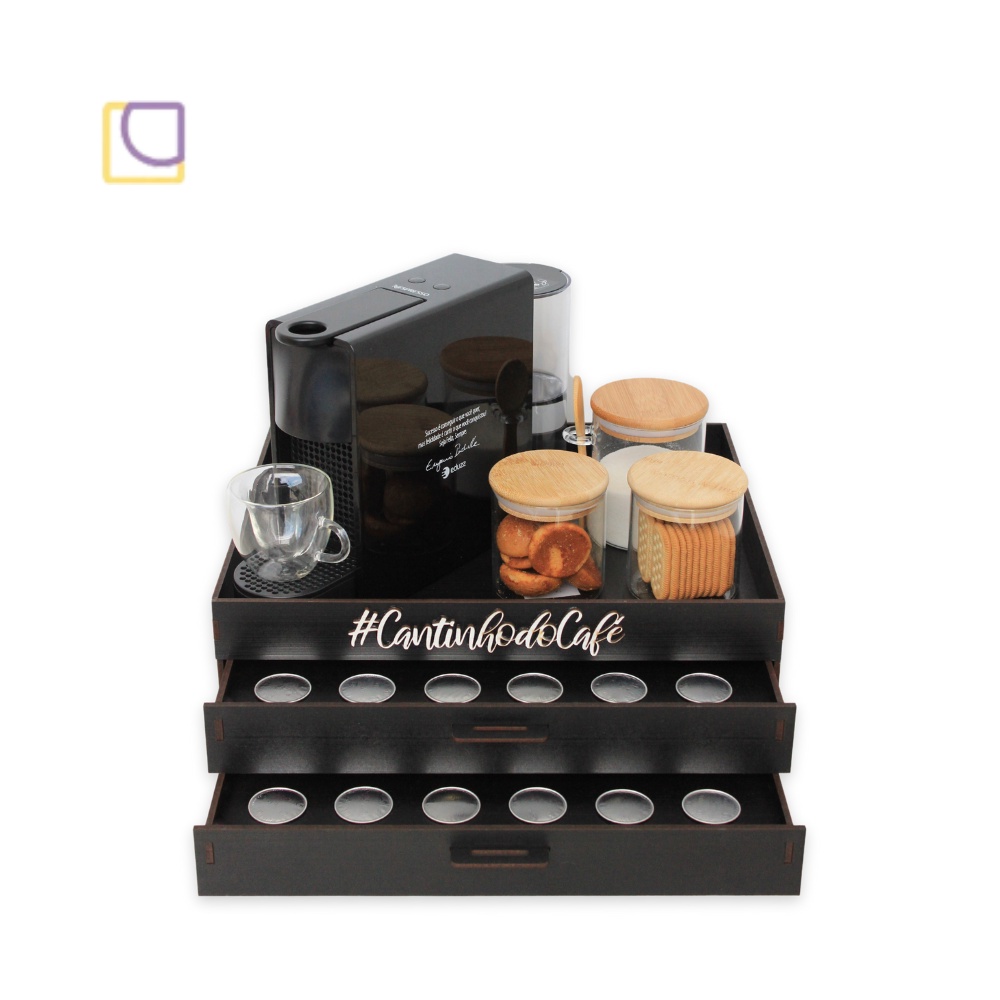 Bandeja Porta Cápsula Cantinho do Café Nespresso com 2 Gavetas Organizadora Preta Apoio Cafeteira Servir Mdf Café Chá