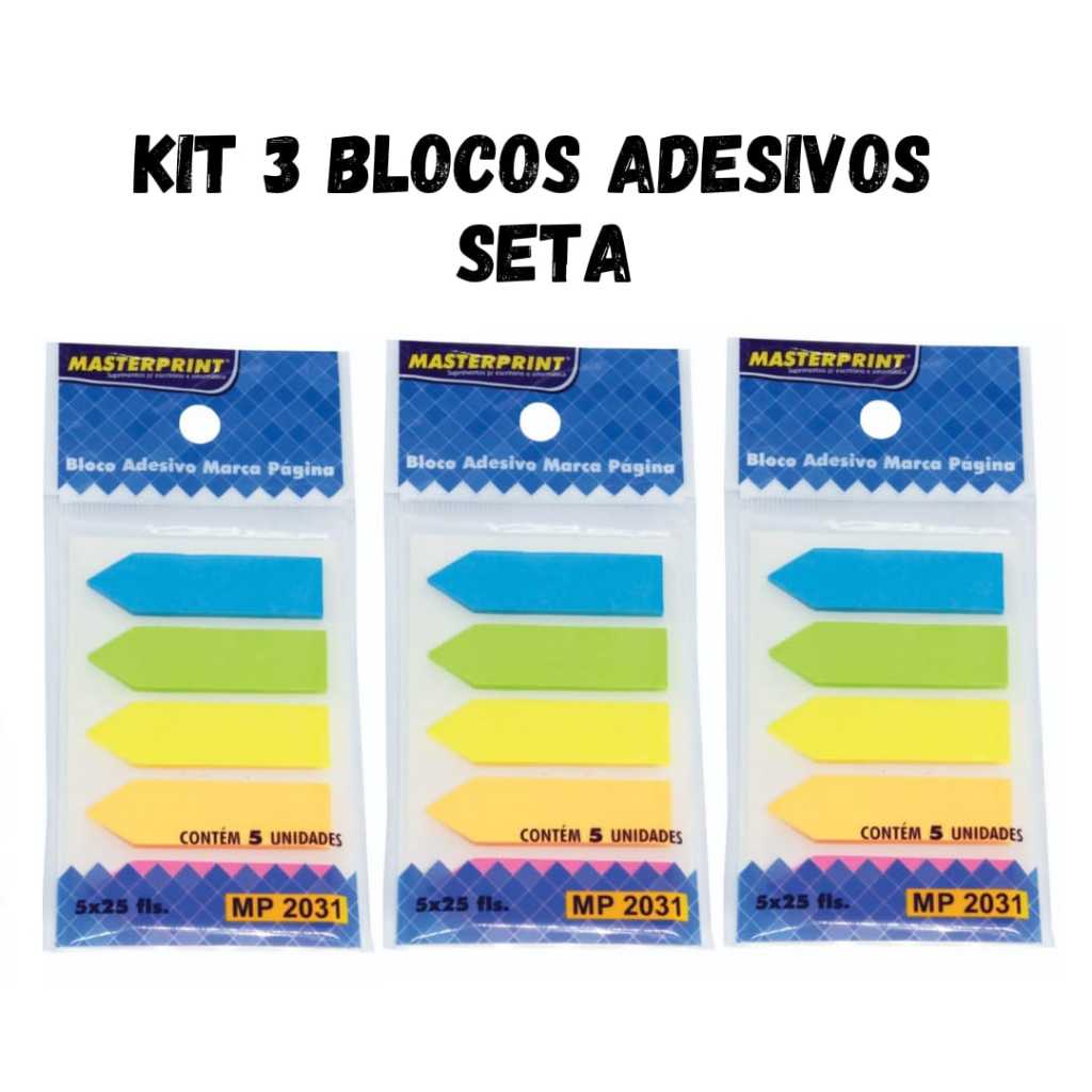Kit 3 Bloco Adesivo Marcador de Páginas 5 Cores Neon Seta MASTERPRINT
