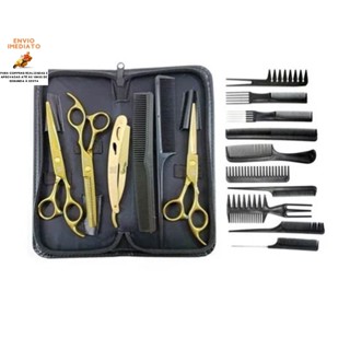 Kit 3 Tesouras Fio Navalha Fio Laser e Desfiadeira + 10 Pentes