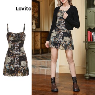 Lovito Vestido Vintage e Preppy com Estampa Floral Ditsy para Mulheres L61AD079 (Preto)