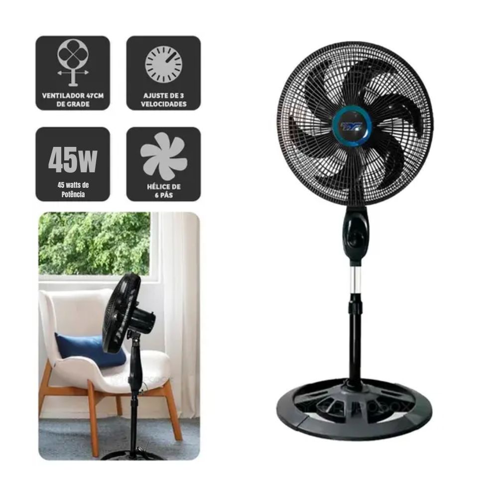 Ventilador de Pedestal 110V ou 220V Ajustável 3 Velocidades Silencioso para Casa e Escritório