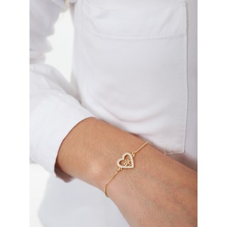 Pulseira Coração Cravejado Inscrito Fé, Semijoia, Ouro 18K