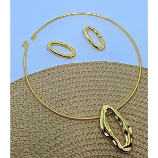 Kit Colar Choker e Brincos Aro Liso Rigido com Pingente Oval Orgâncio Vazado Folheado Ouro Moda Blogueira Tendência em Oferta na Shopee